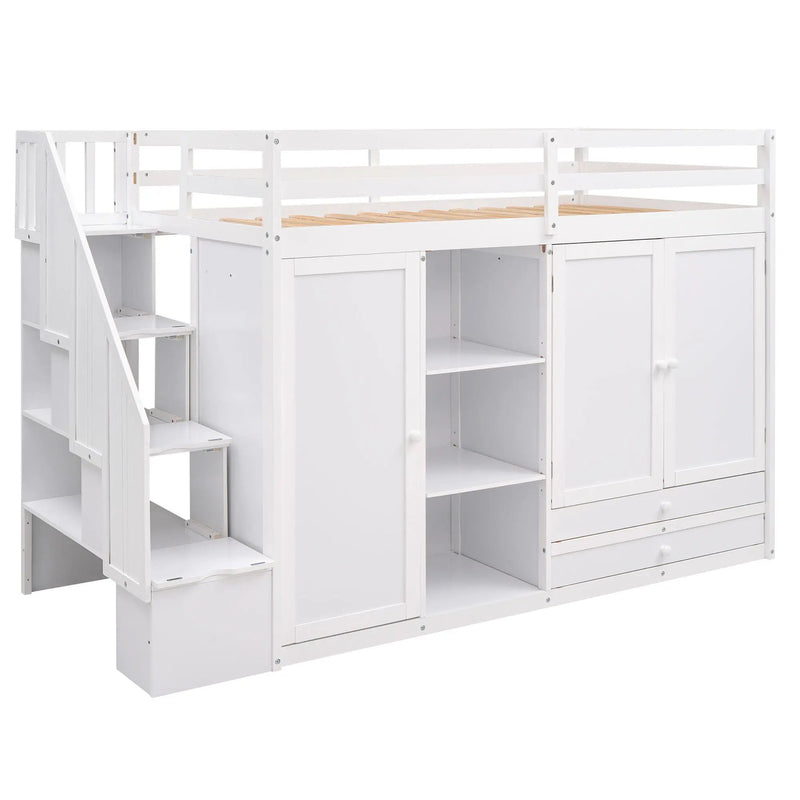 Loft Bed With 3 Shelves, 2 Wardrobes, 2 Drawers, Ladder Storage by Unique Piece Furniture