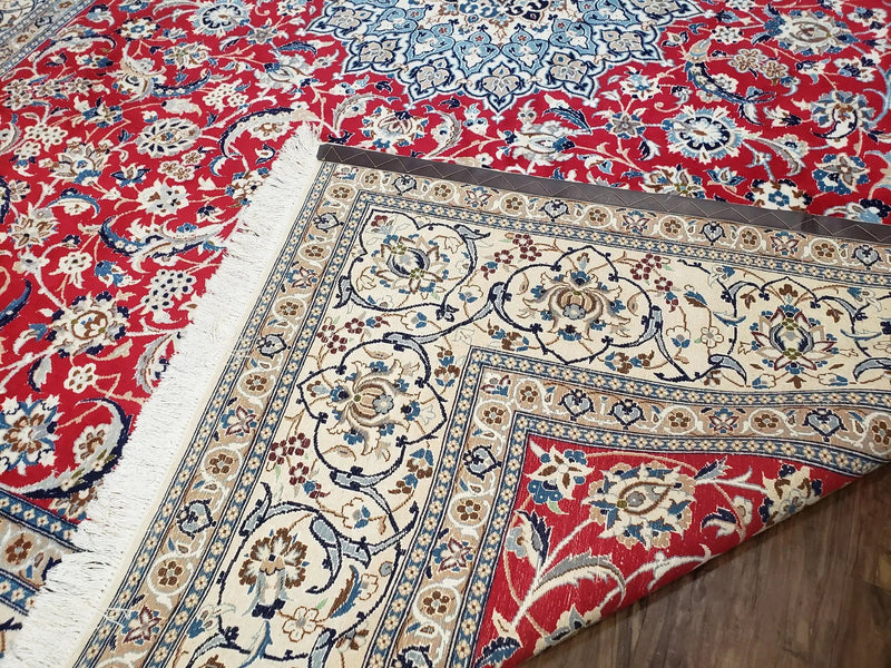 Persian Nain Rug 8x12, Red and Ivory, Signed by Jewel Rugs