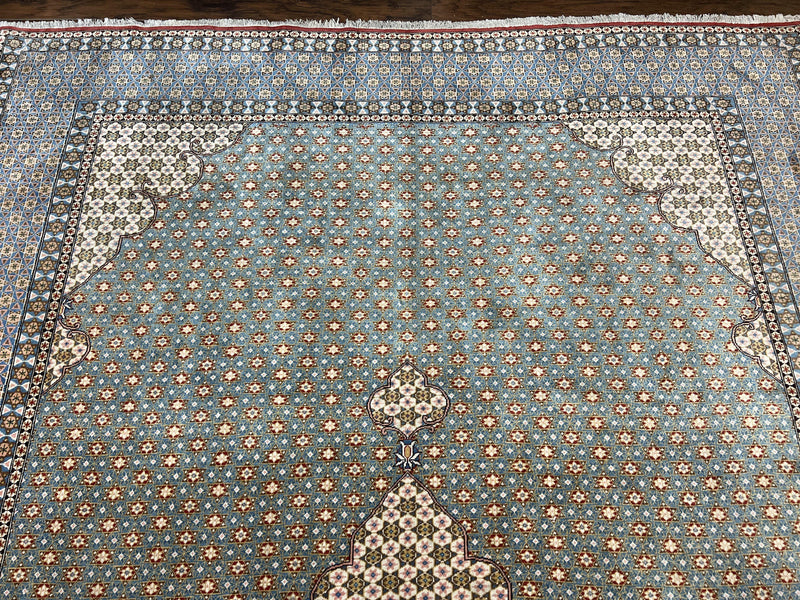 Rare Persian Rug 8x12, Qum Rug, Repeated Star Motifs, Blue and Ivory, Fine 300 KPSI, Hand Knotted Handmade Vintage Wool Rug by Jewel Rugs