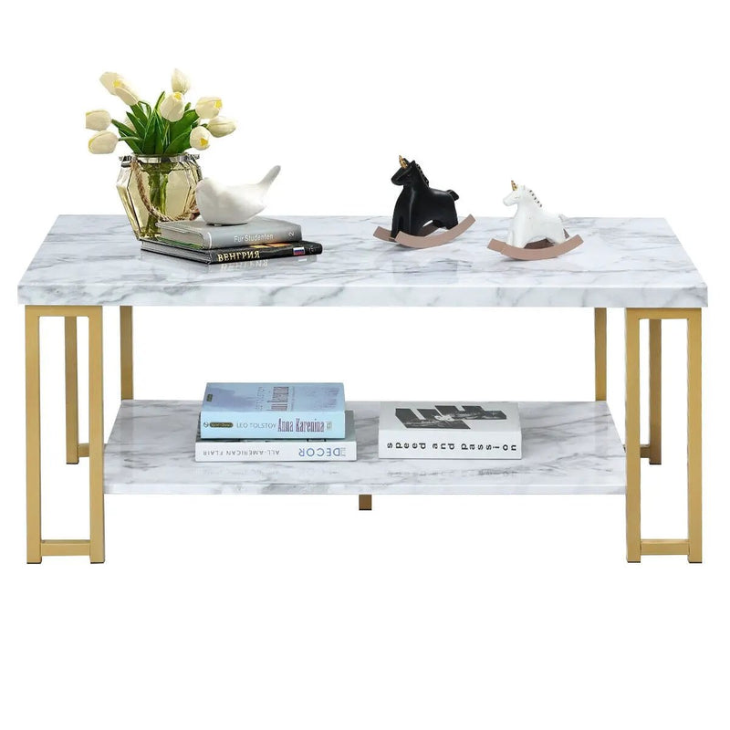 2-Tier Rectangular Modern Coffee Table with Gold Print Metal Frame by DirectDeals