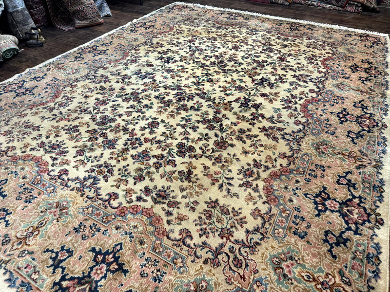 Antique Karastan Rug 8.8 x 12 Lanamar Floral Ivory Kirman Wool Discontinued by Jewel Rugs