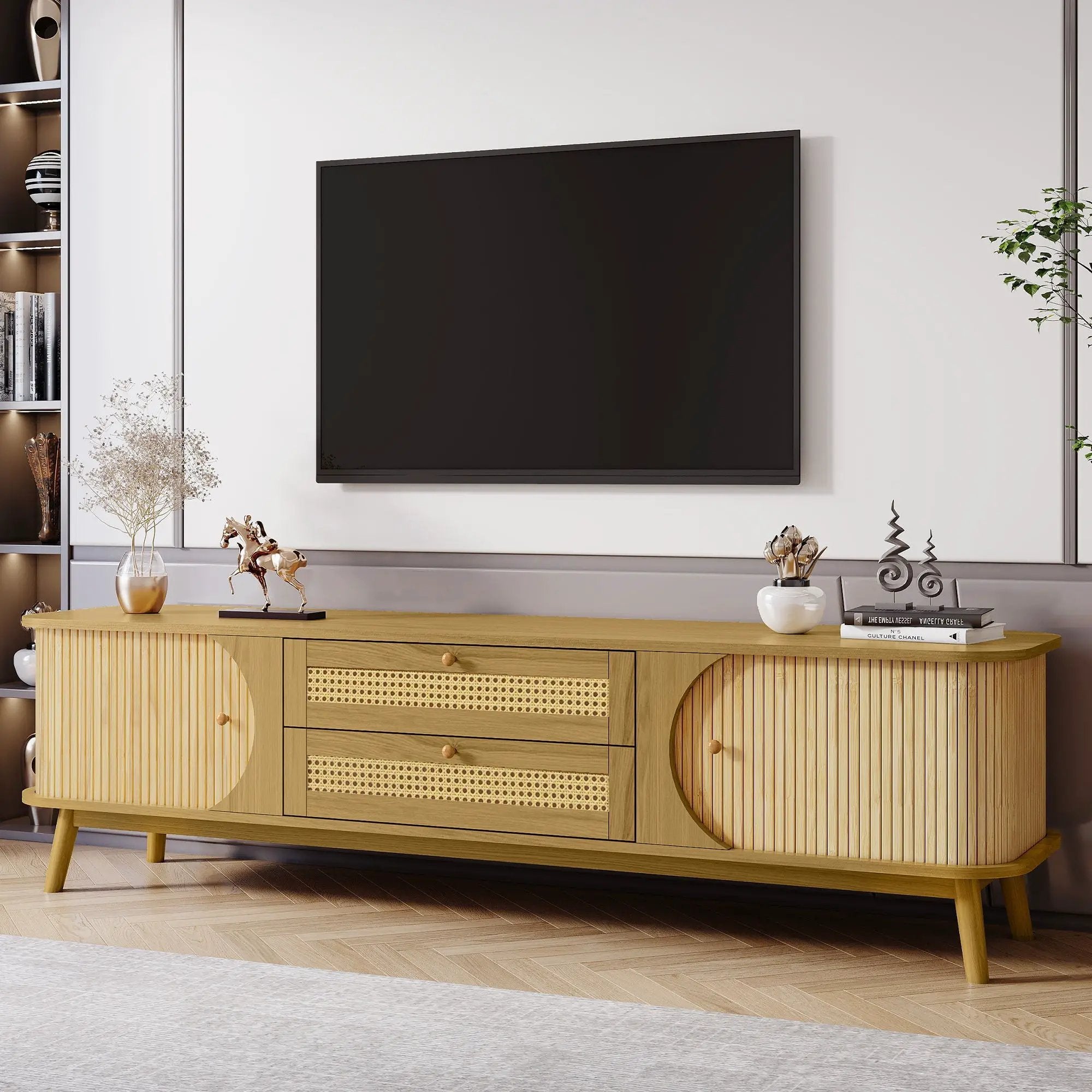 Rattan TV Stand For Tvs Up To 75'', Modern Farmhouse Media Console, Entertainment Center With Legs, TV Cabinet For Living Room, Home Theatre - Natural Wood by Unique Piece Furniture