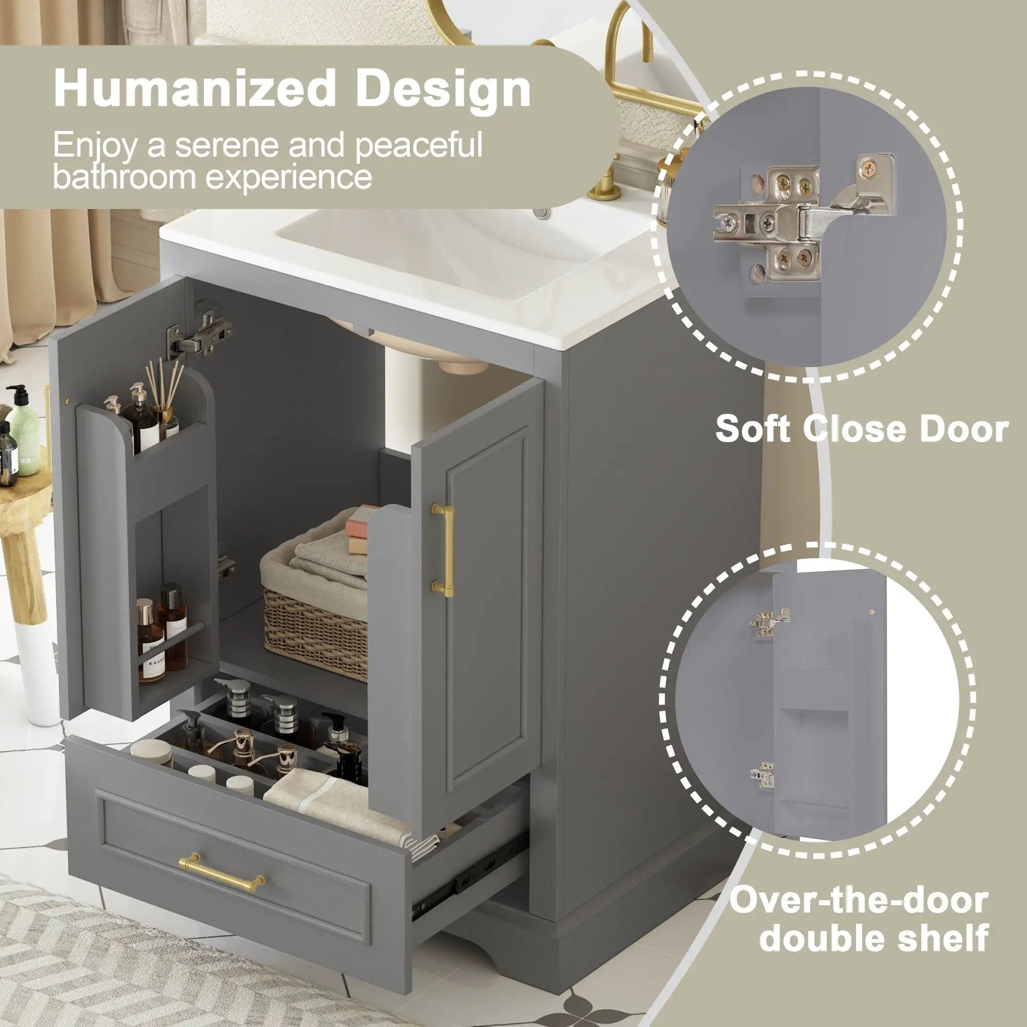 Bathroom Vanity With Sink, 1 Divided Drawer And 2 Soft Close Doors With Double Shelf