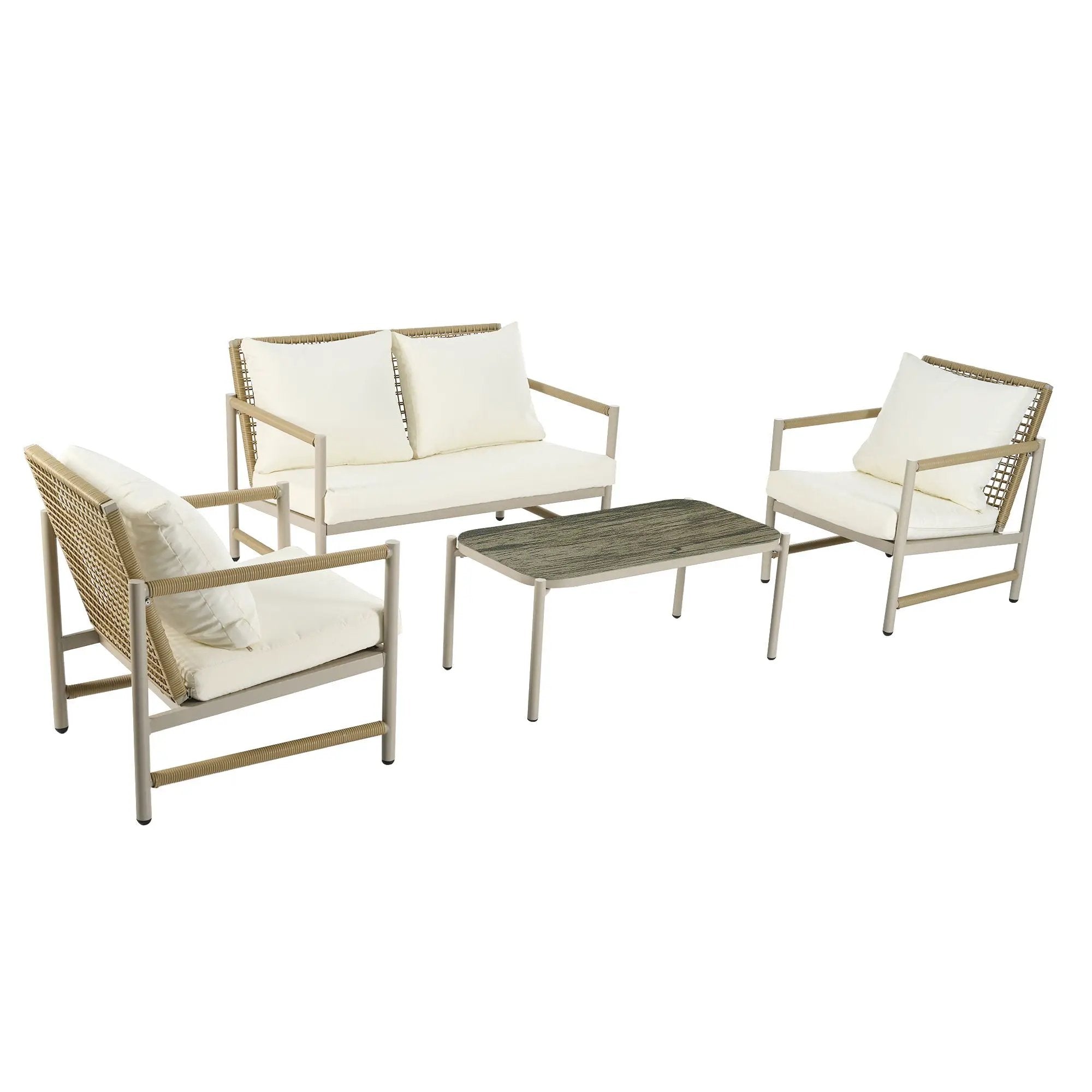 4 Pieces Patio Furniture Set, PE Rattan Wicker With Washable Cushion And Tempered Glass Tabletop, Conversation Furniture For Garden Poolside Balcony by HouseOfZazla