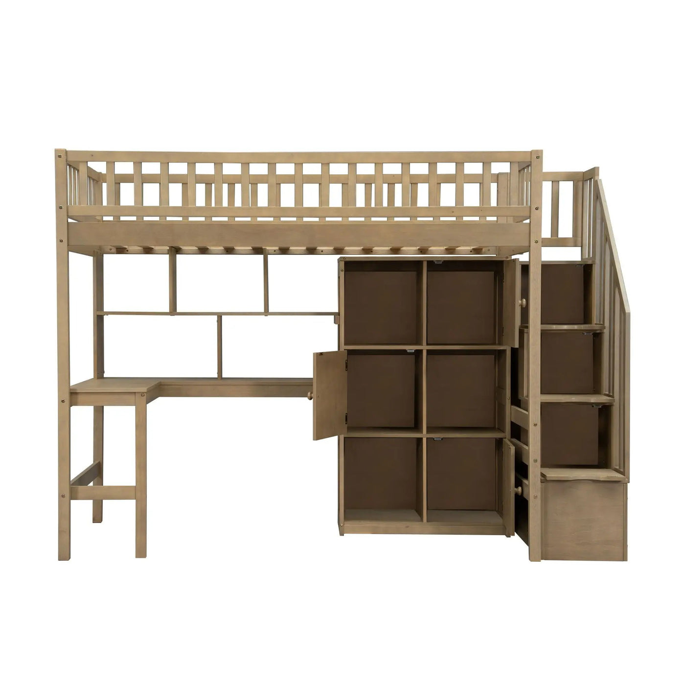 Loft Bed With Built In L Shaped Desk, LED Lights, Storage Shelves, Cabinets, And Staircase by HouseOfZazla