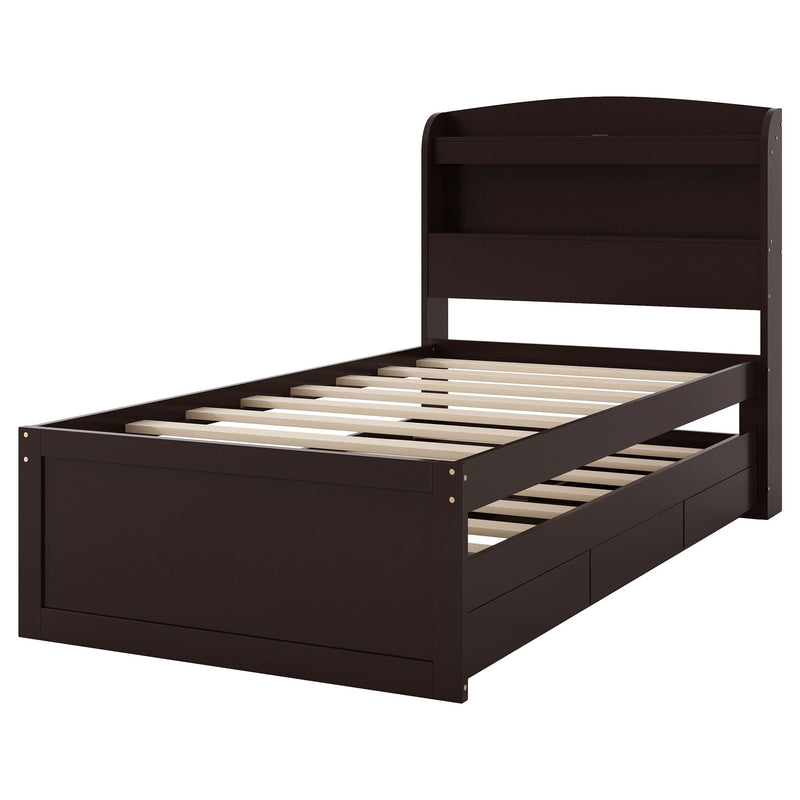 Platform Bed With LED Headboard, Charging Station, Trundle And 2 Drawers