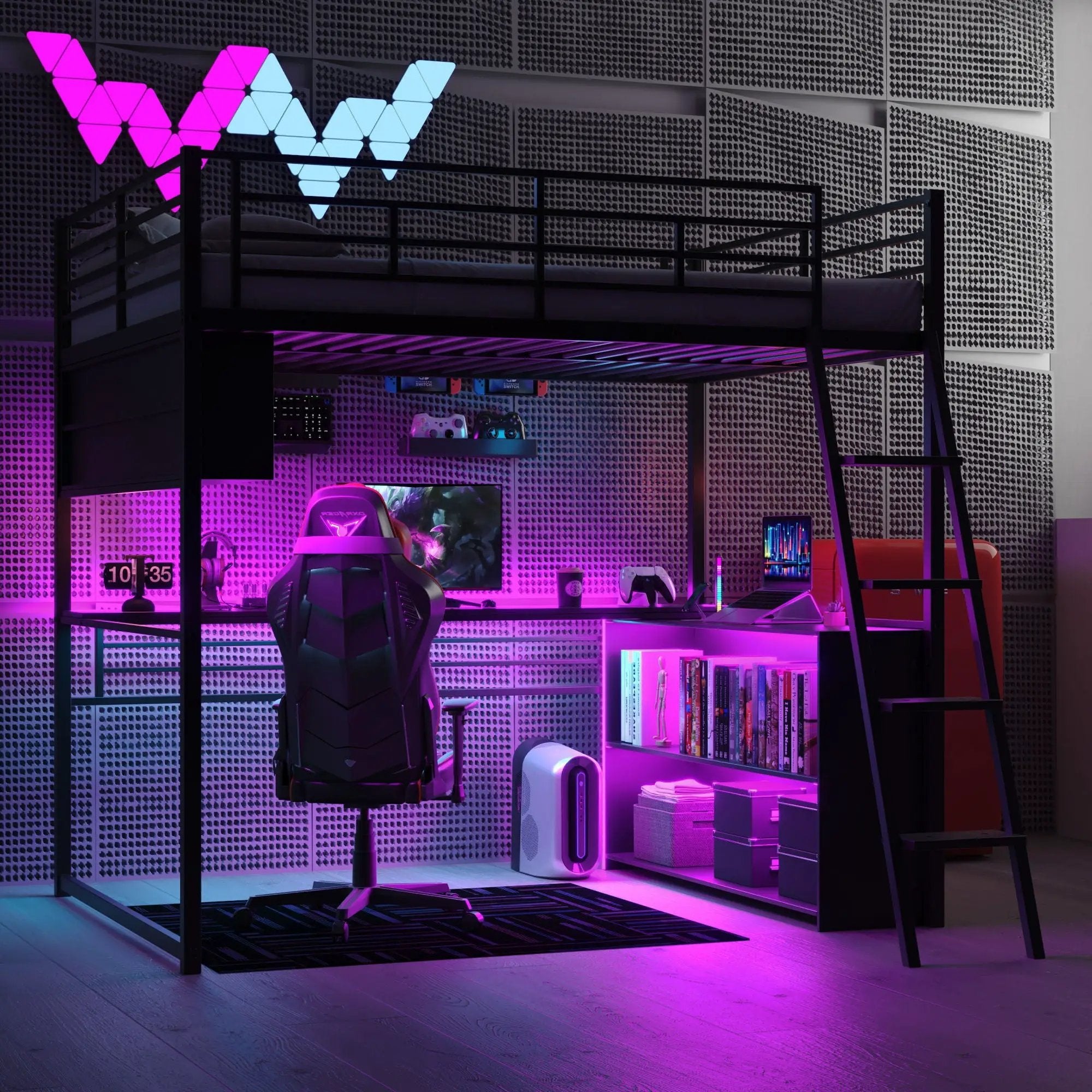 Loft Bed With LED Desk And 4 Storage Shelves by Unique Piece Furniture