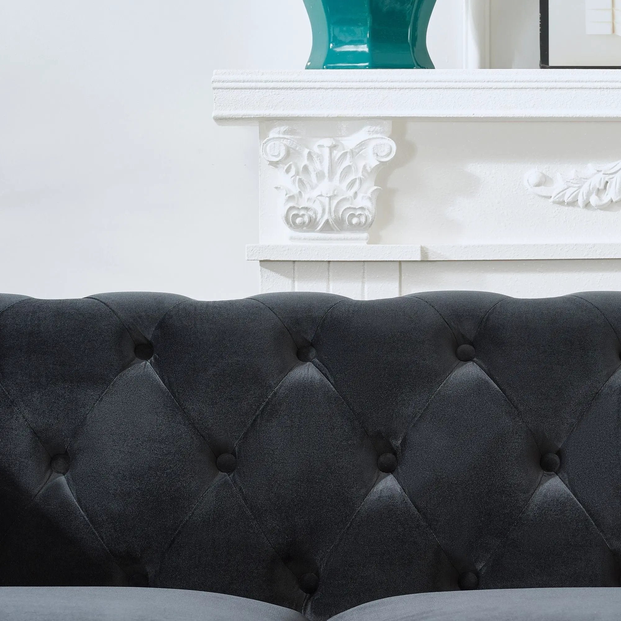 Chesterfield Upholstery Fabric Loveseat With Roll Armrest And Nailhead