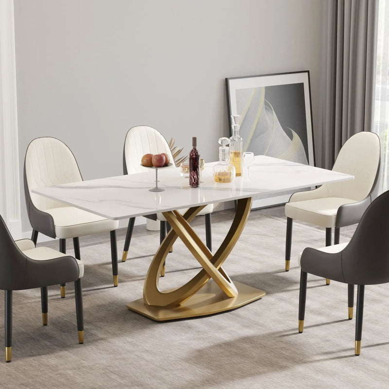 70.84" Modern Artificial Stone Panel Double-Ring Stainless Steel Metal Legs, Can Accommodate 6-8 People by HouseOfZazla