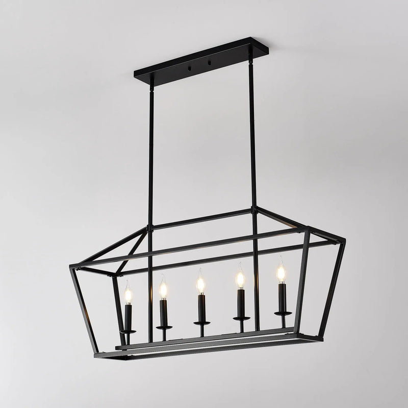5 Light Farmhouse Kitchen Island Lighting, 5 Light Industrial Linear Chandelier For Dining Room Metal Hanging Pendant Light Fixture For Bedroom Living Room Hallway Conference Room - Matte Black by HouseOfZazla