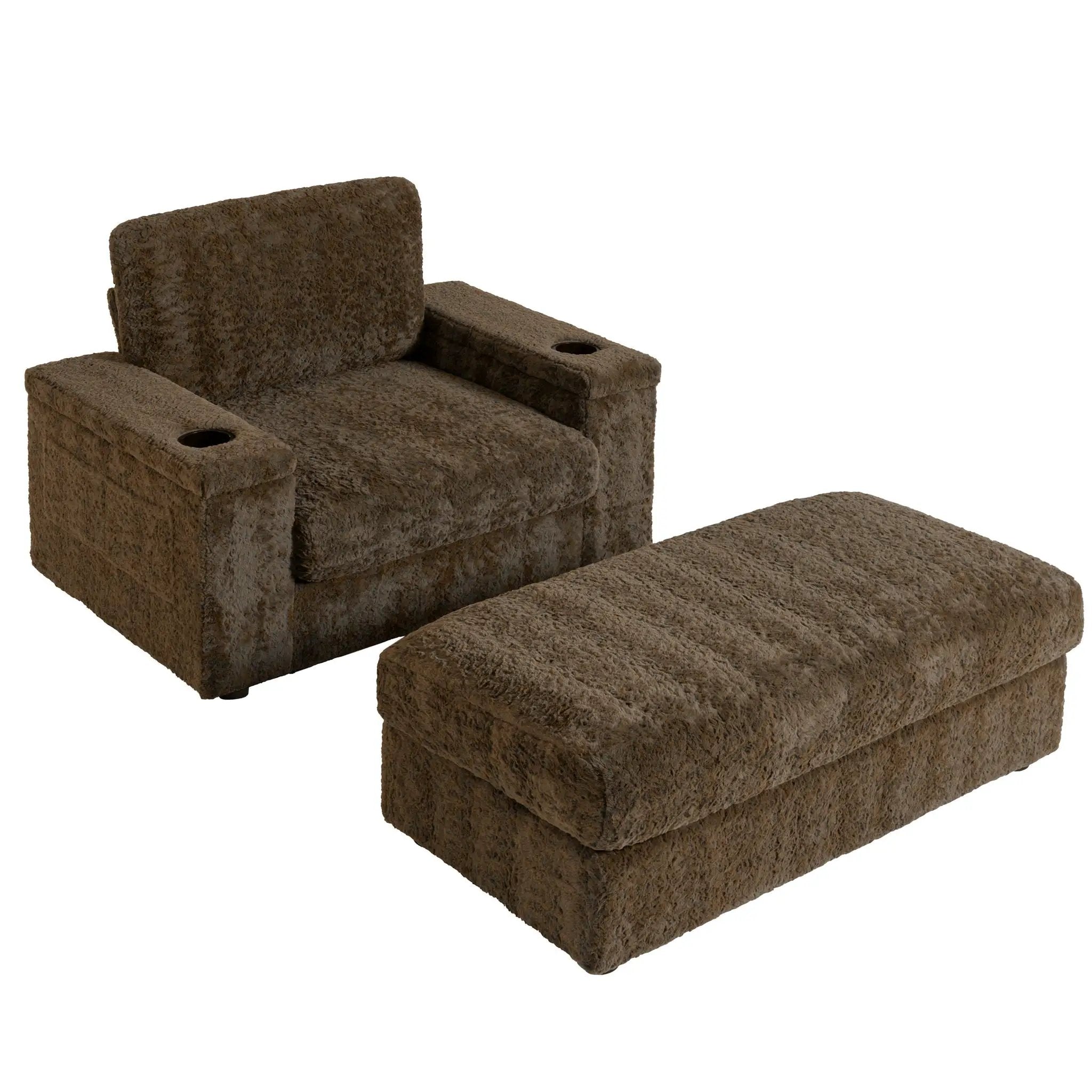 Oversized Chaise Lounge Indoor Rabbit Fur Sofa Bed With Storage Ottoman And Armrests Cup Holders With Deep Seat by HouseOfZazla