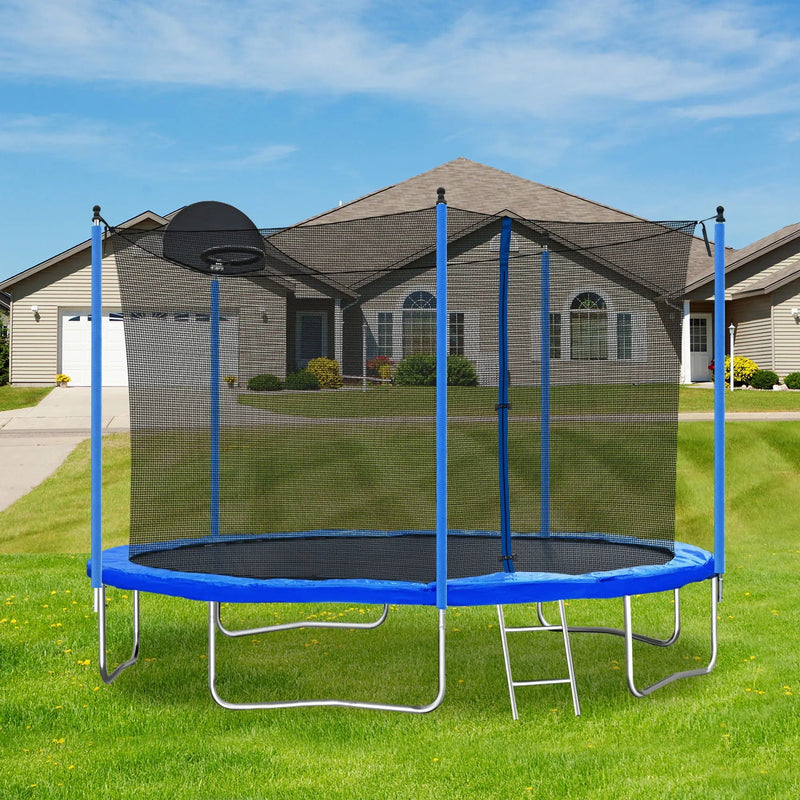 12Ft Trampoline For Adults & Kids With Basketball Hoop, Outdoor Trampolines With Ladder And Safety Enclosure Net For Kids And Adults - Blue by HouseOfZazla