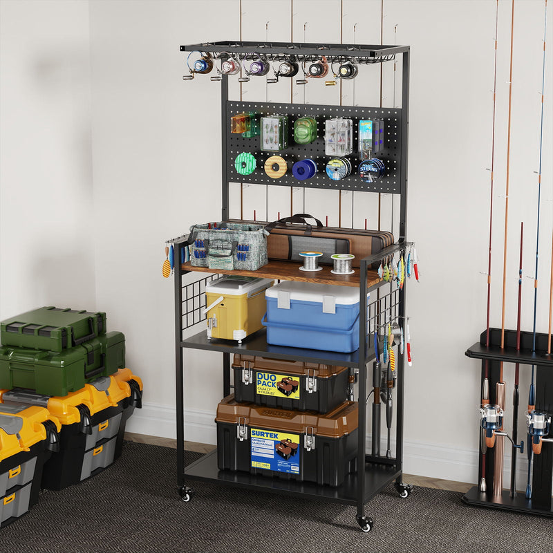 Fishing Rod Storage Rack With Pegboard, Rolling Tackle Organizer Cart - Black by HouseOfZazla