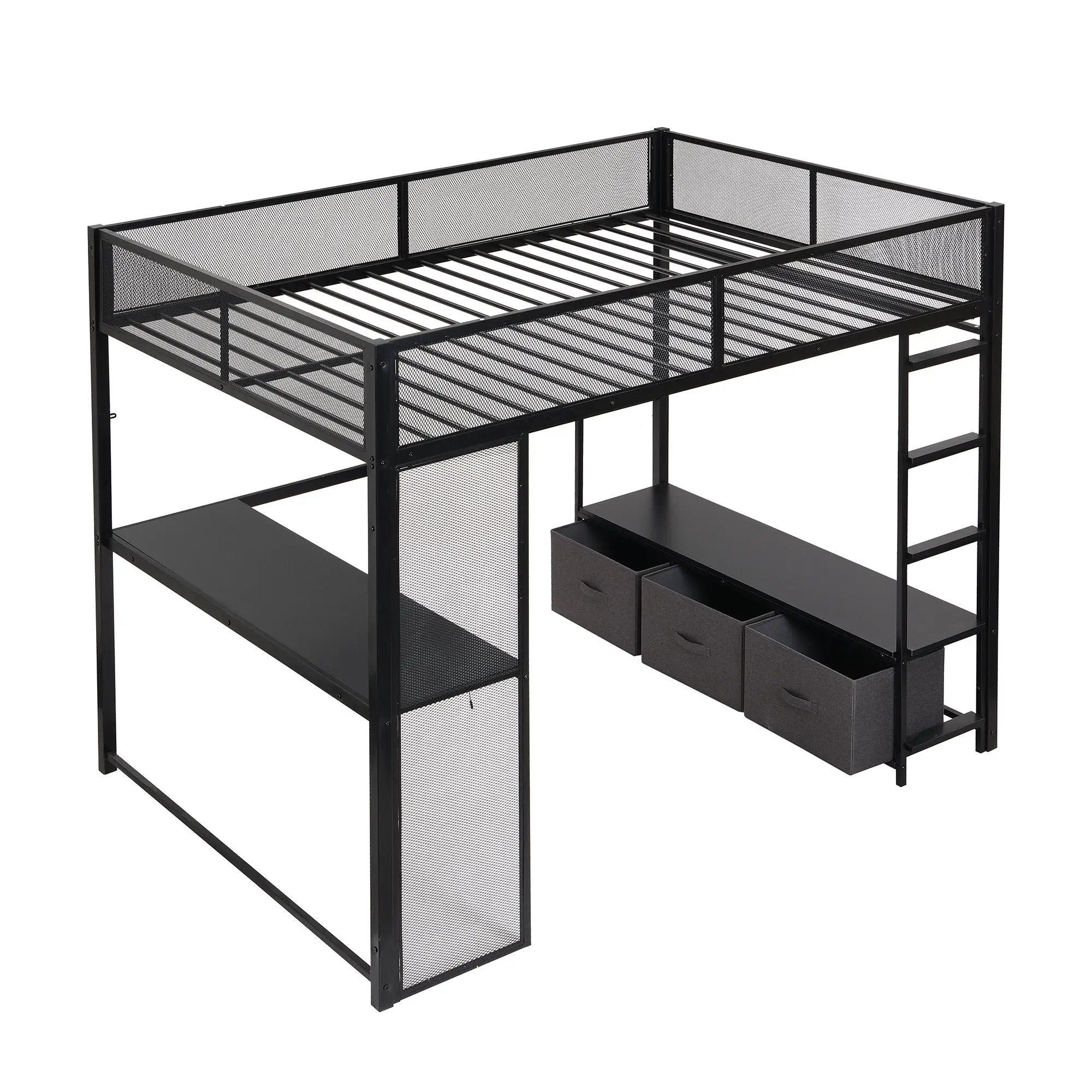 Full Size Gaming Loft Bed With LED Desk, Open Wardrobe, 3 Linen Storage Drawers - Black by Unique Piece Furniture