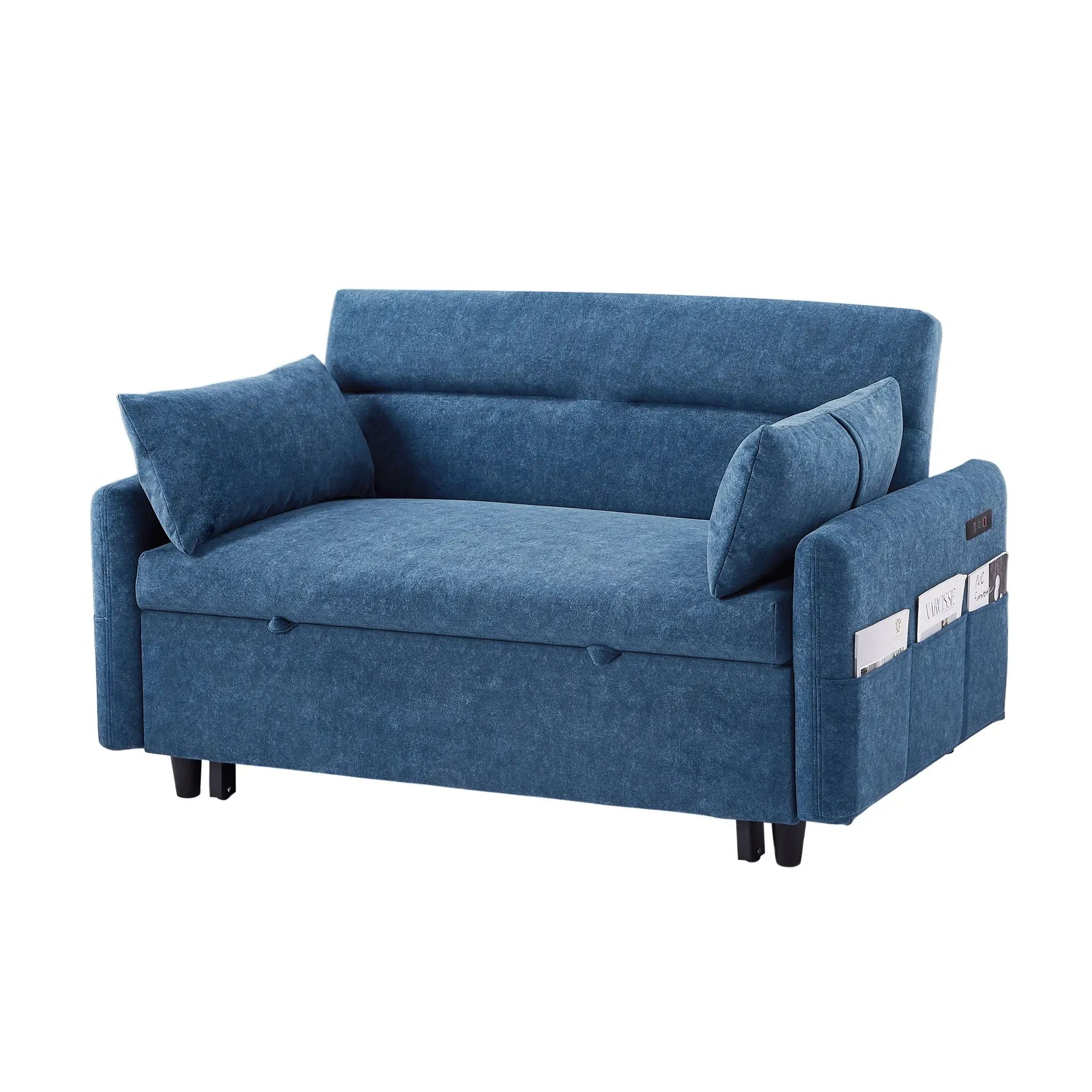 Pull Out Sleep Sofa Bed Loveseats Sofa Couch With Adjsutable Backrest, Storage Pockets, 2 Soft Pillows, USB Ports For Living Room, Bedroom, Apartment, Office by Unique Piece Furniture