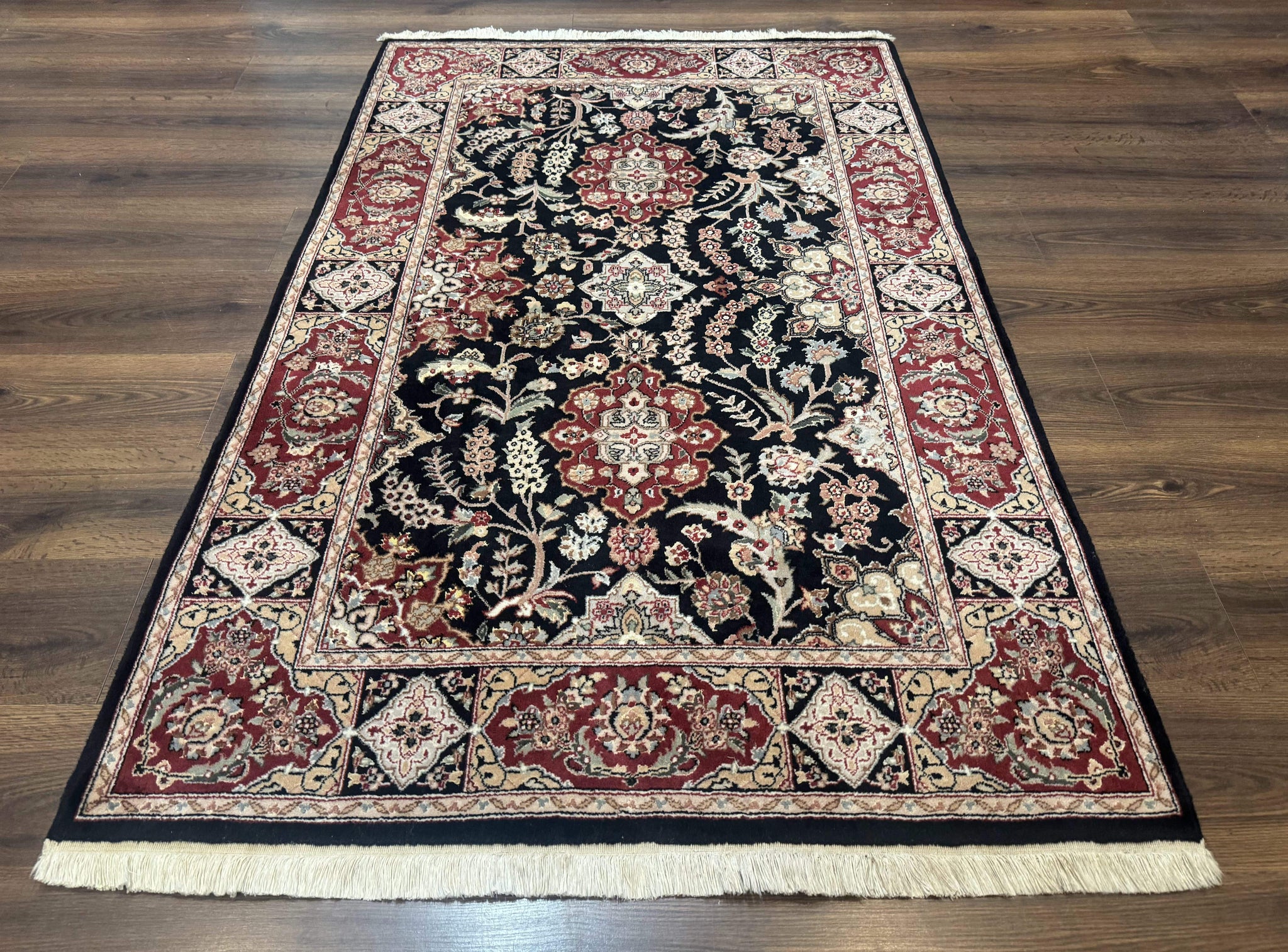 Pak Persian Rug 4x6, Black and Burgundy, Floral Allover, Wool and Silk by Jewel Rugs