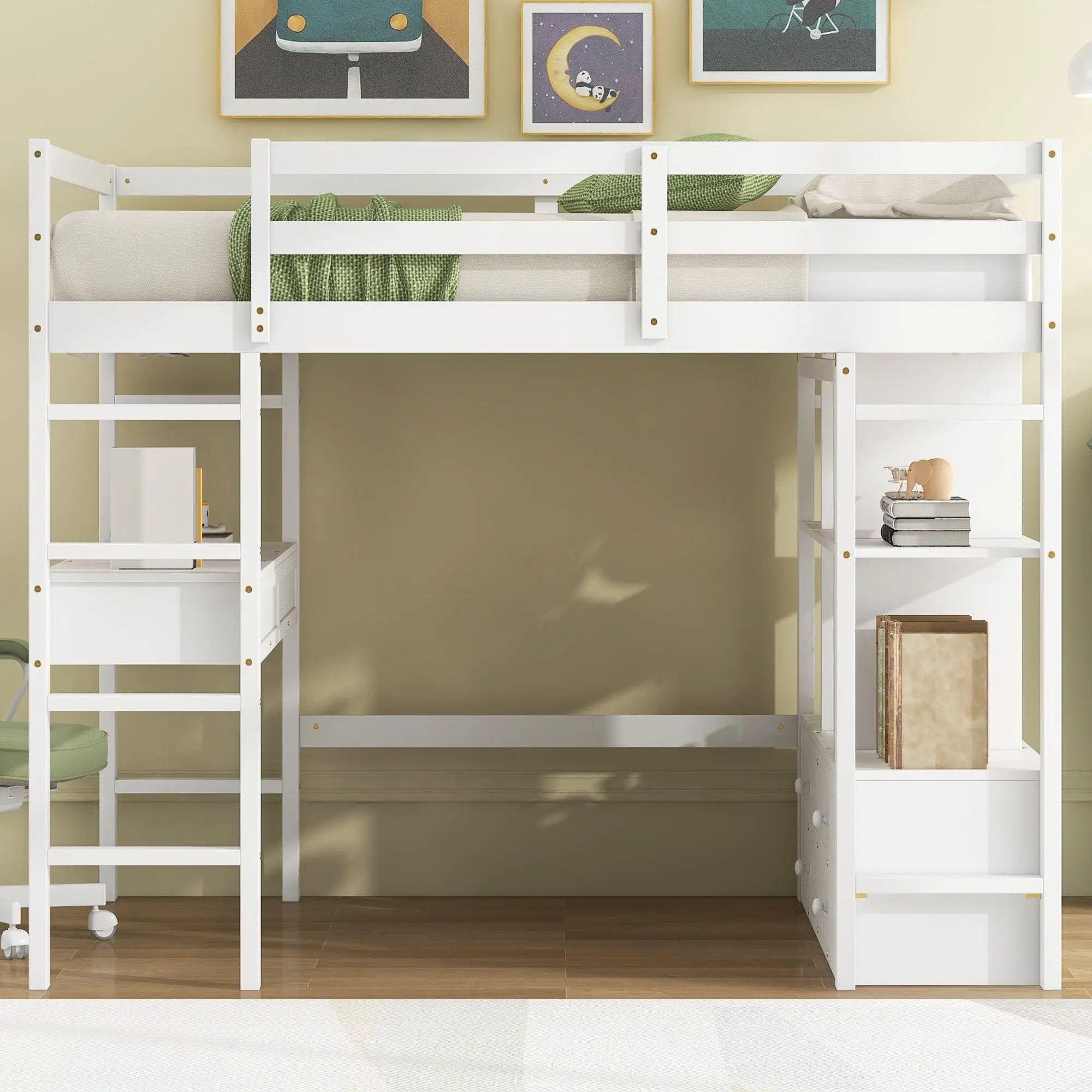 Full Size Loft Bed With Built In Desk, 2 Drawers, Storage Shelves - White by Unique Piece Furniture