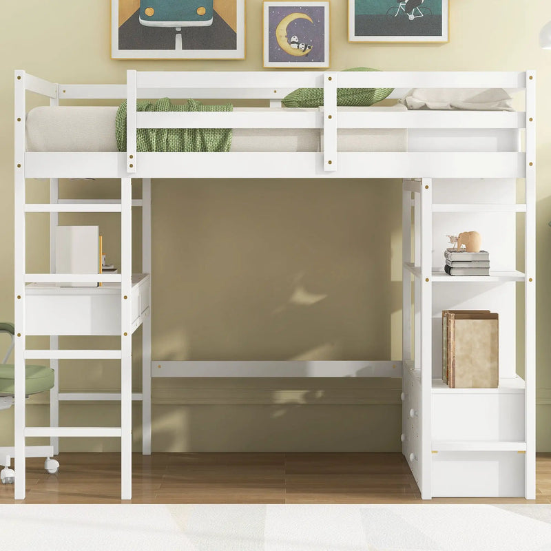 Full Size Loft Bed With Built In Desk, 2 Drawers, Storage Shelves - White by Unique Piece Furniture