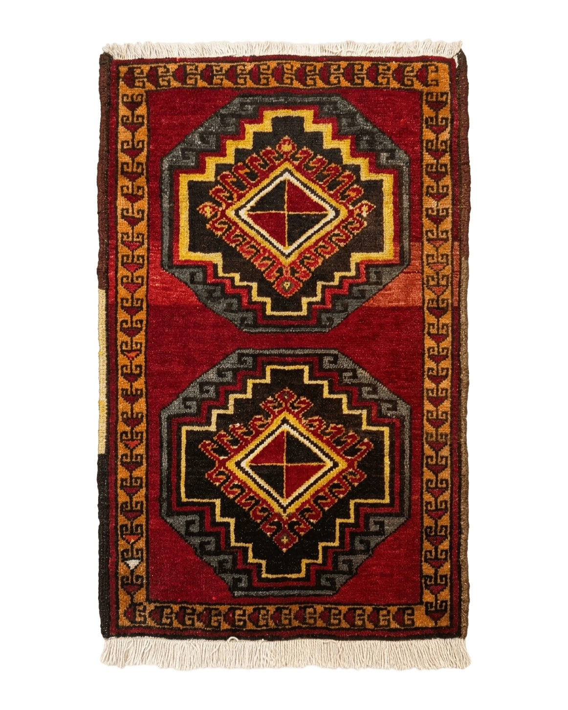 Small Antique Turkish Yastik Rug 2x3, Double Medallions, Geometric, Red, Wool by Jewel Rugs
