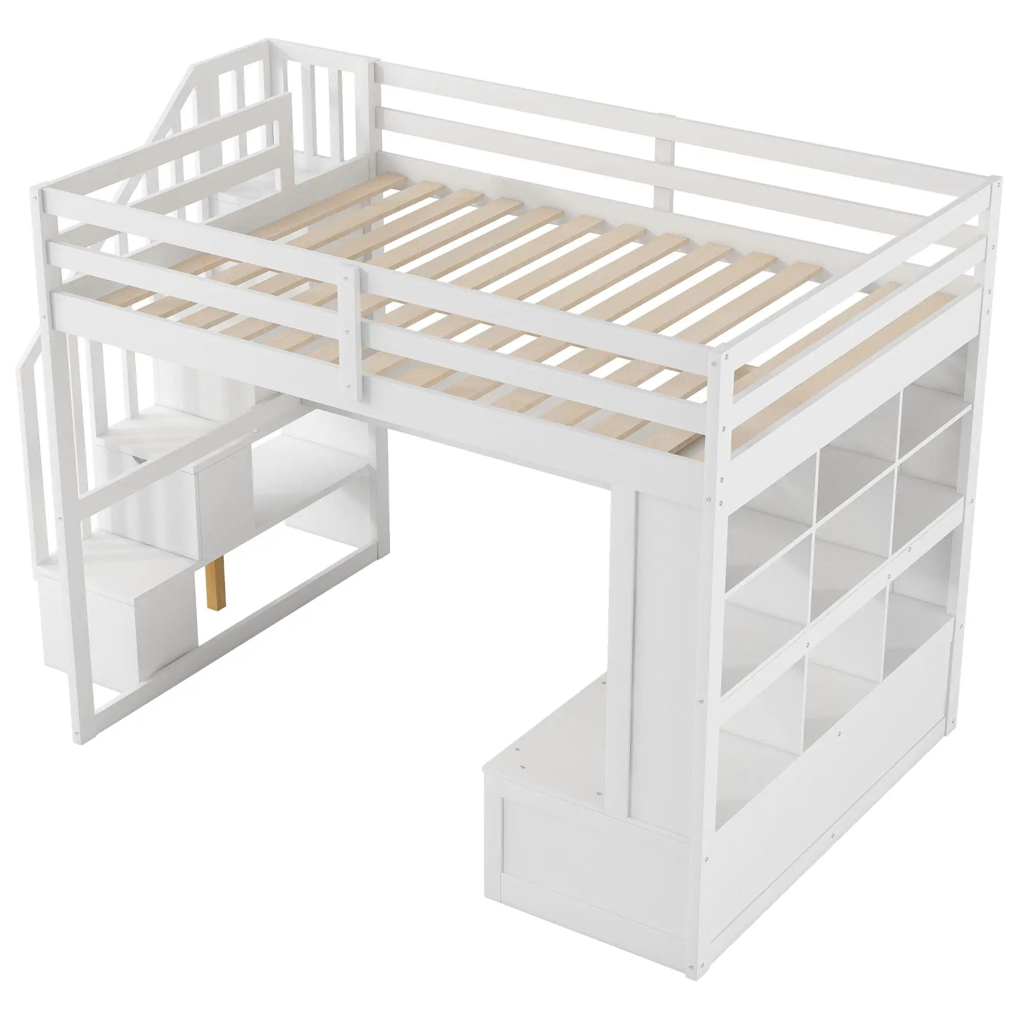Full Size Loft Bed With Desk And Shelves, 2 Built In Drawers, Storage Staircase - White by HouseOfZazla