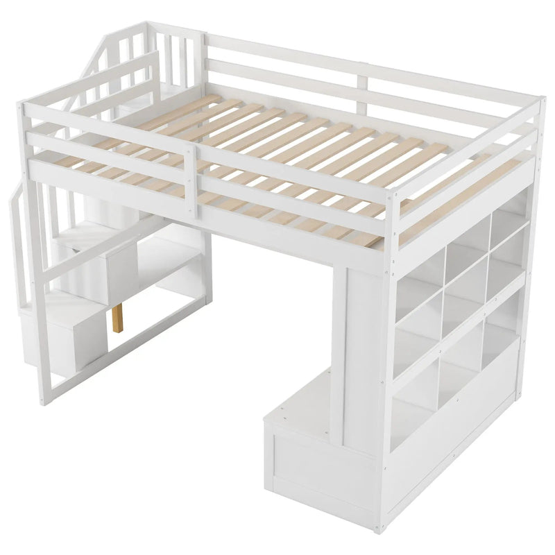 Full Size Loft Bed With Desk And Shelves, 2 Built In Drawers, Storage Staircase - White by HouseOfZazla