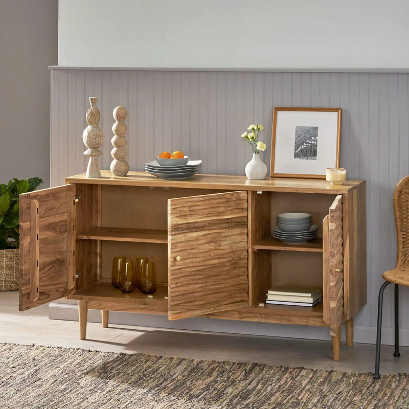 Boho Handcrafted 3 Door Sideboard, Carved Texture & Artisanal Charm - Natural by HouseOfZazla
