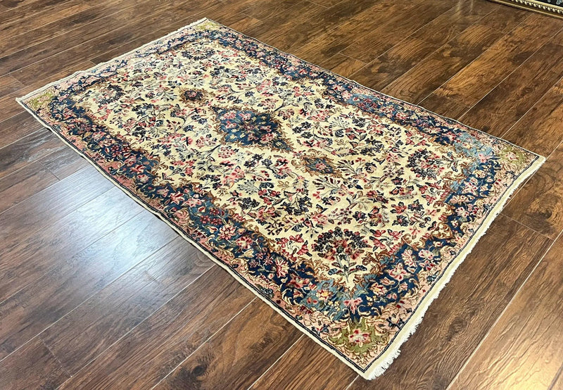Antique Persian Kirman Rug 4x7, Cream and Navy Blue, Hand Knotted Wool Floral Carpet by Jewel Rugs