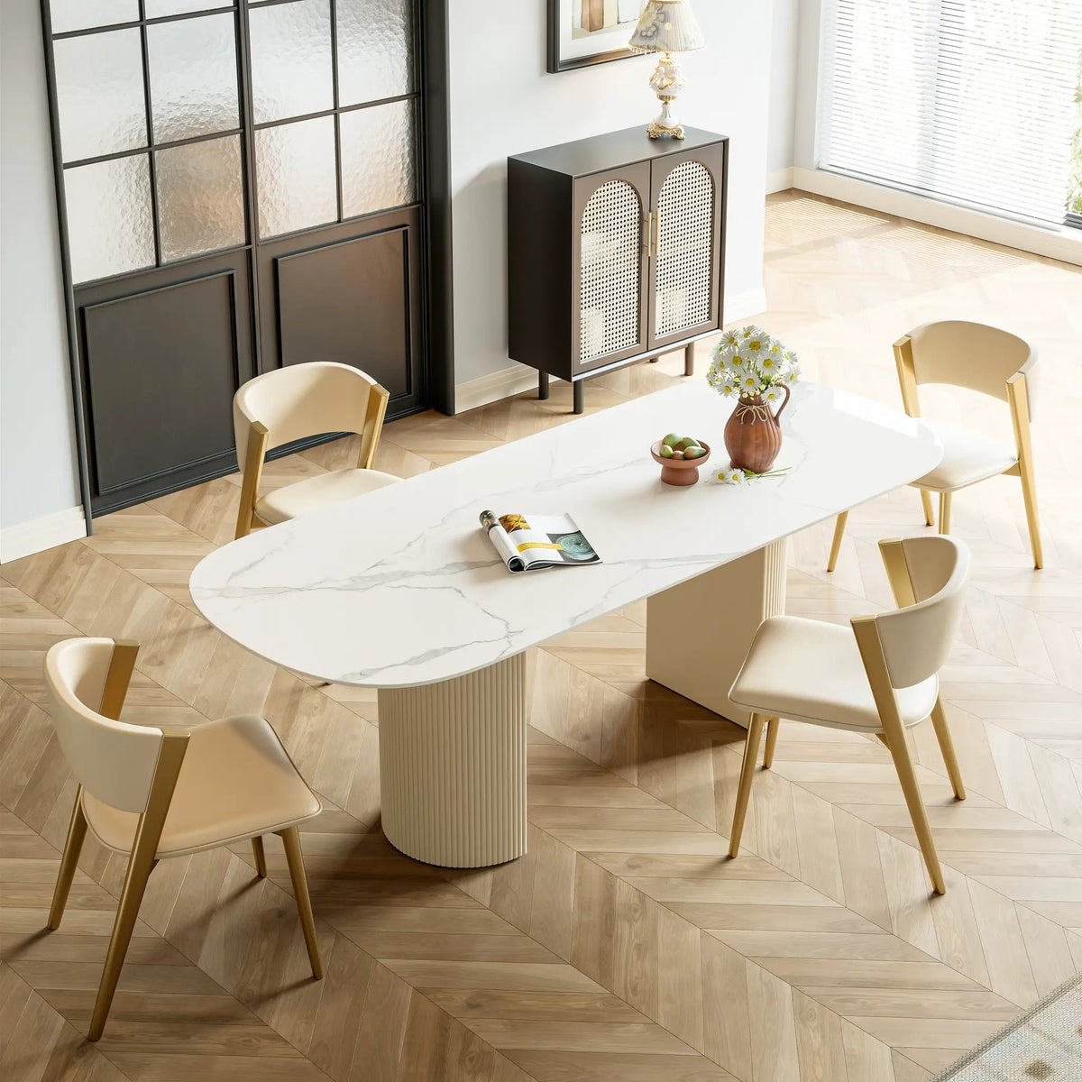 Stainless Steel Dining Table with Rock Plate and Woven Leather, photo 6 of 7