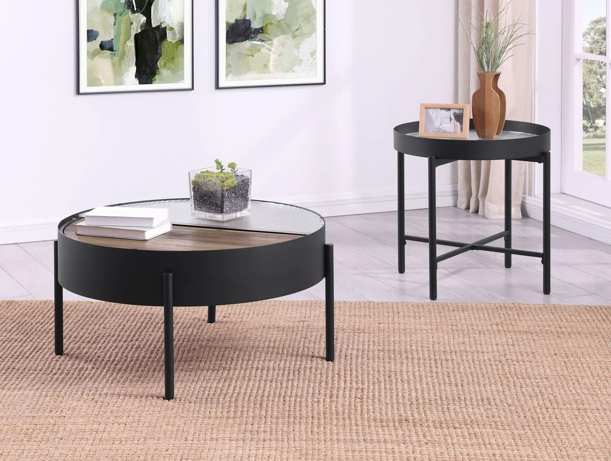 Ozella 2-piece Round Coffee and End Table Set Sandy Black by Unique Piece Furniture