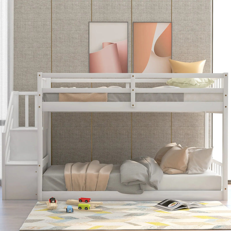 Twin Over Twin Floor Bunk Bed, Ladder With Storage by Unique Piece Furniture