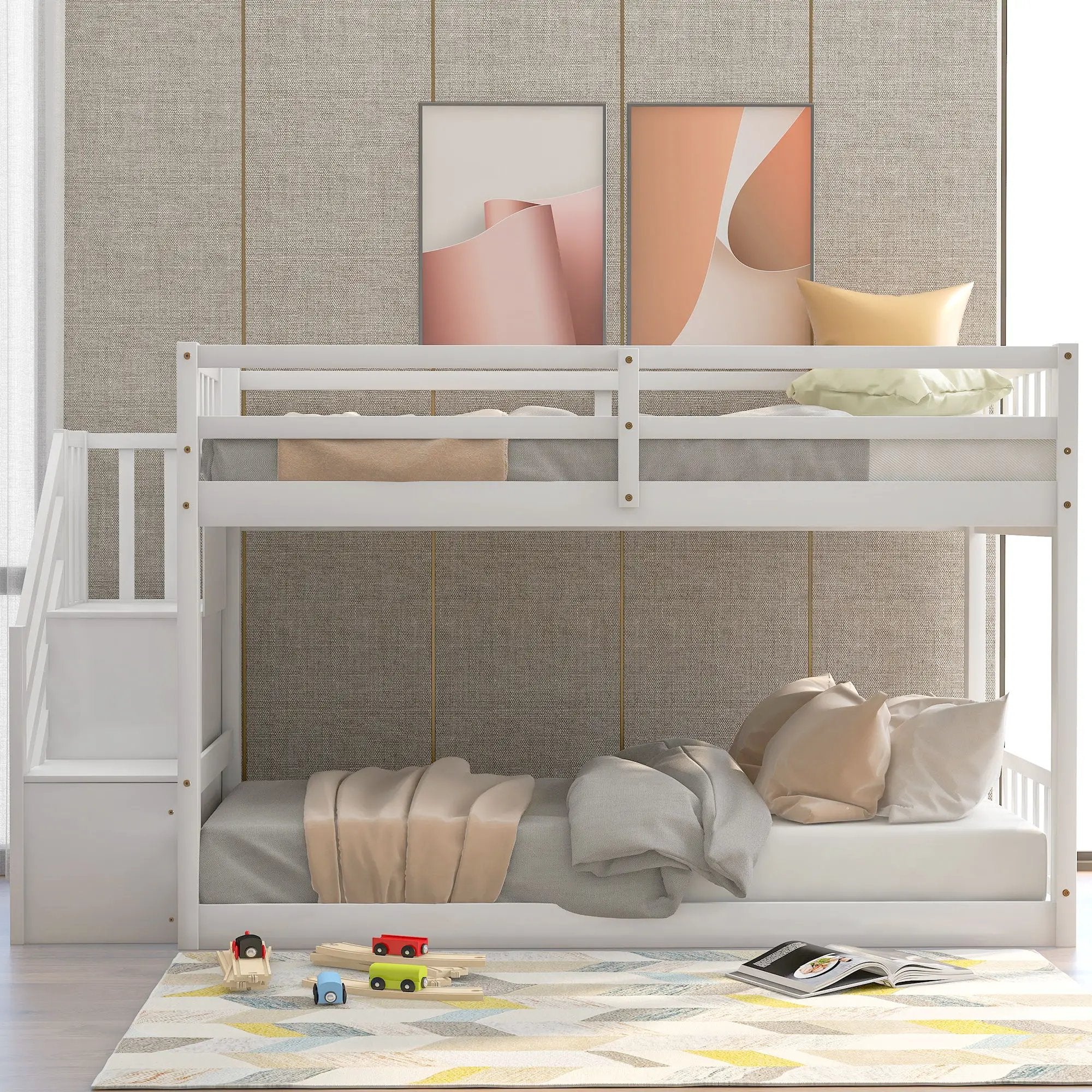 Norset - Twin Over Twin Floor Bunk Bed, Ladder With Storage by Unique Piece Furniture