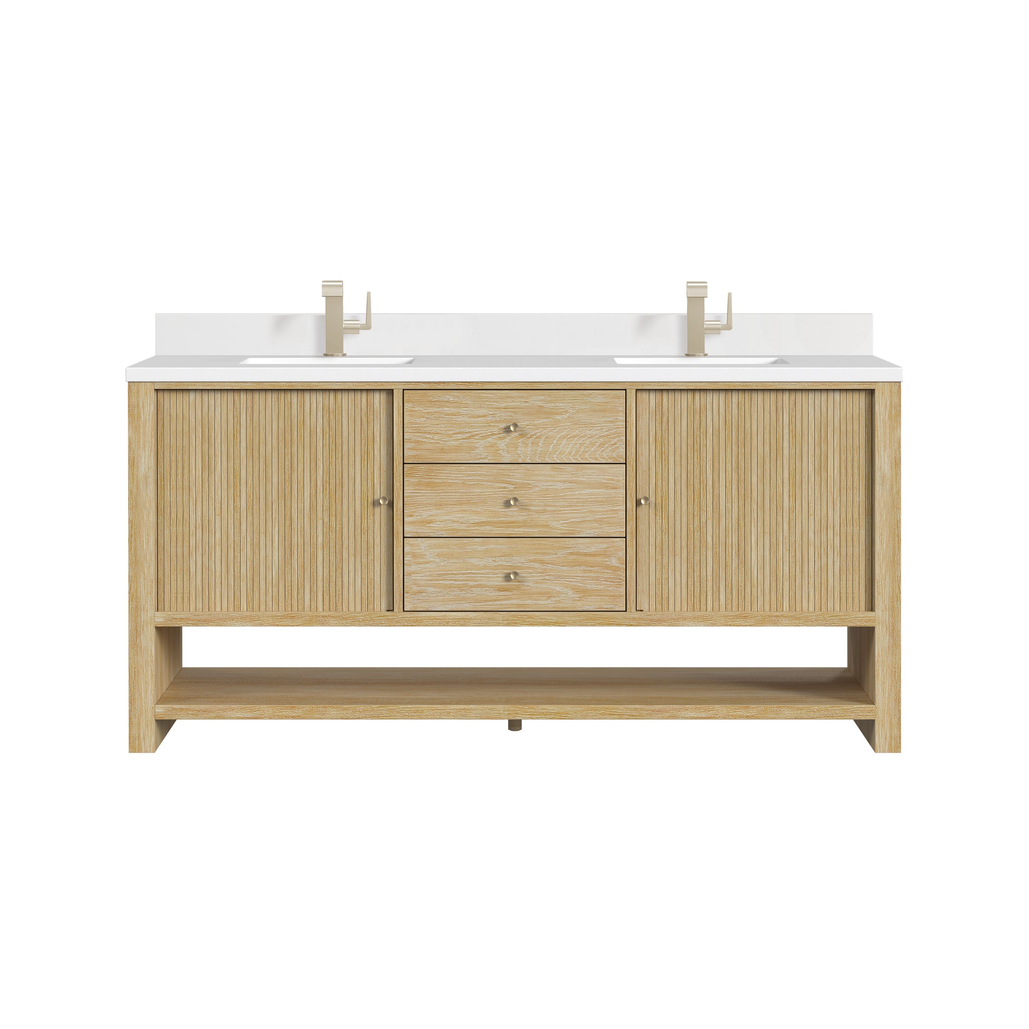 James Martin Marigot 72" Double Bathroom Vanity, Sunwashed Oak with White Zeus (with Backsplash) countertop