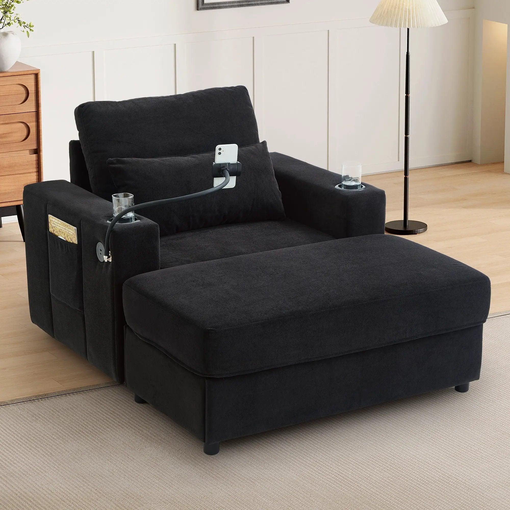 Modern Style Armchair Chaise Lounge Sofa Couch With Movable Storage Ottoman, USB Ports, Cup Holders, Phone Holder, Side Pockets by HouseOfZazla
