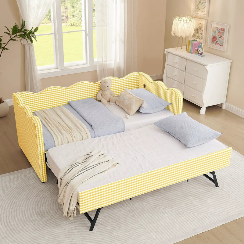 Gingham Daybed With USB Charging Port, Wave-Shaped Design by HouseOfZazla