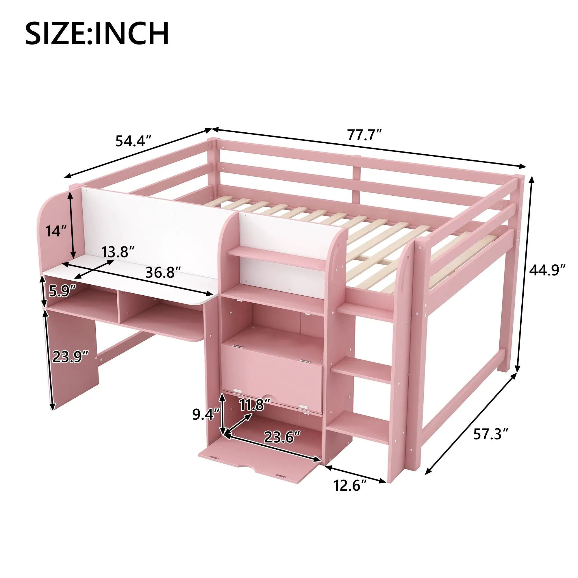 Low Loft Bed With Built In Desk, Storage Cabinets, Open Bookcase And Doodle board by Unique Piece Furniture