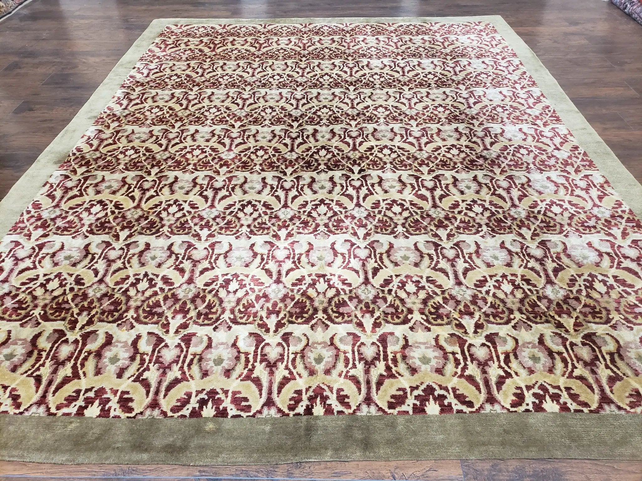 Contemporary Indian Nepalese Room Sized Rug 9 x 11.6, Wool Hand-Knotted Dark Red & Beige Soft Carpet, 9 x 12 Masterloom Living Room Rug by Jewel Rugs