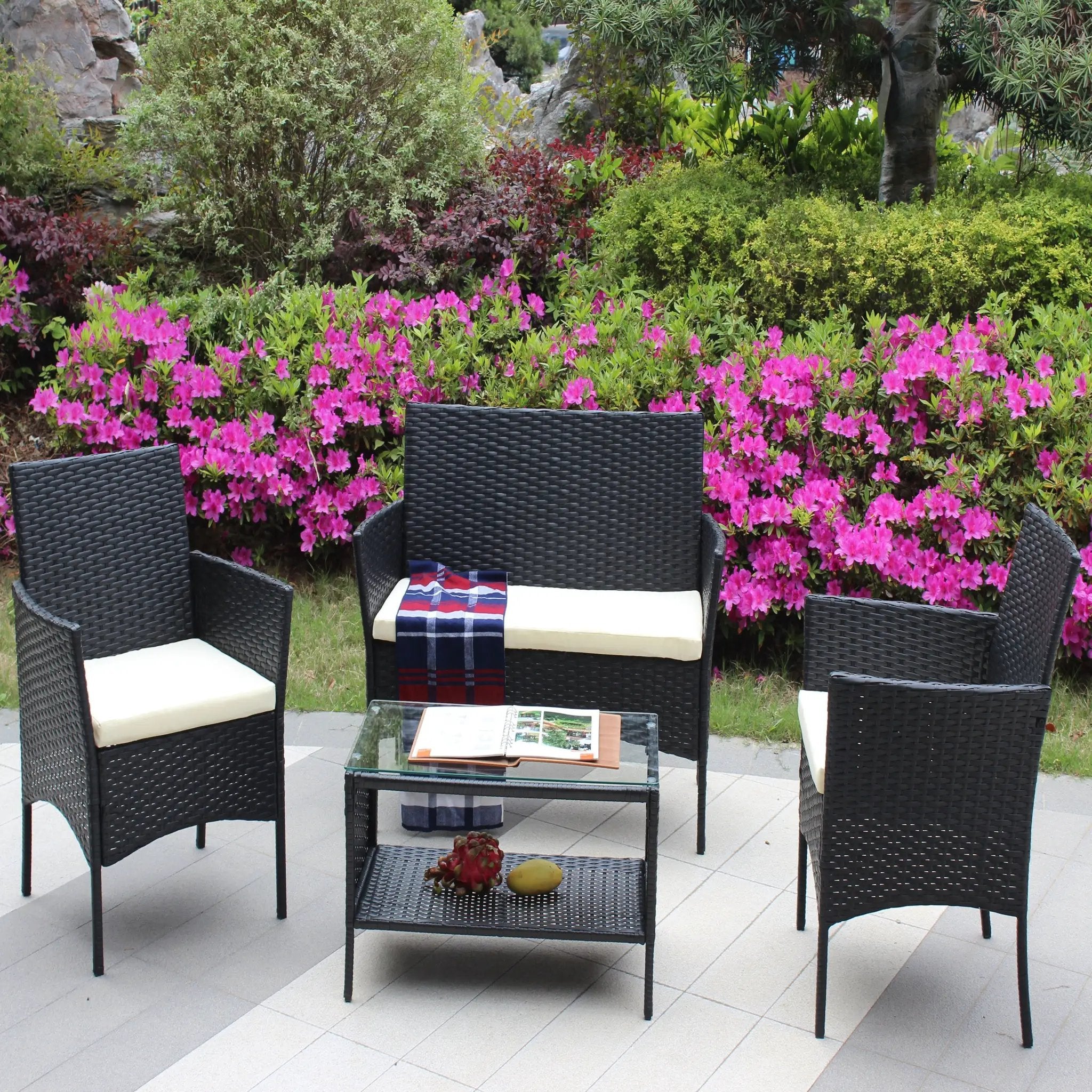 4 PC Rattan Patio Furniture Set Outdoor Cushioned Wicker Sofa by HouseOfZazla