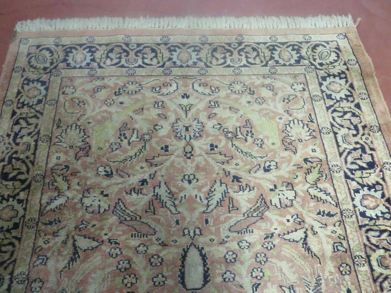 Indian Silk Rug 4x6, Indian Kashmiri Silk Carpet 4 x 6 ft, Vintage Hand Knotted Floral Bird Motifs, Light Pink and Navy Blue, Silk on Cotton by Jewel Rugs