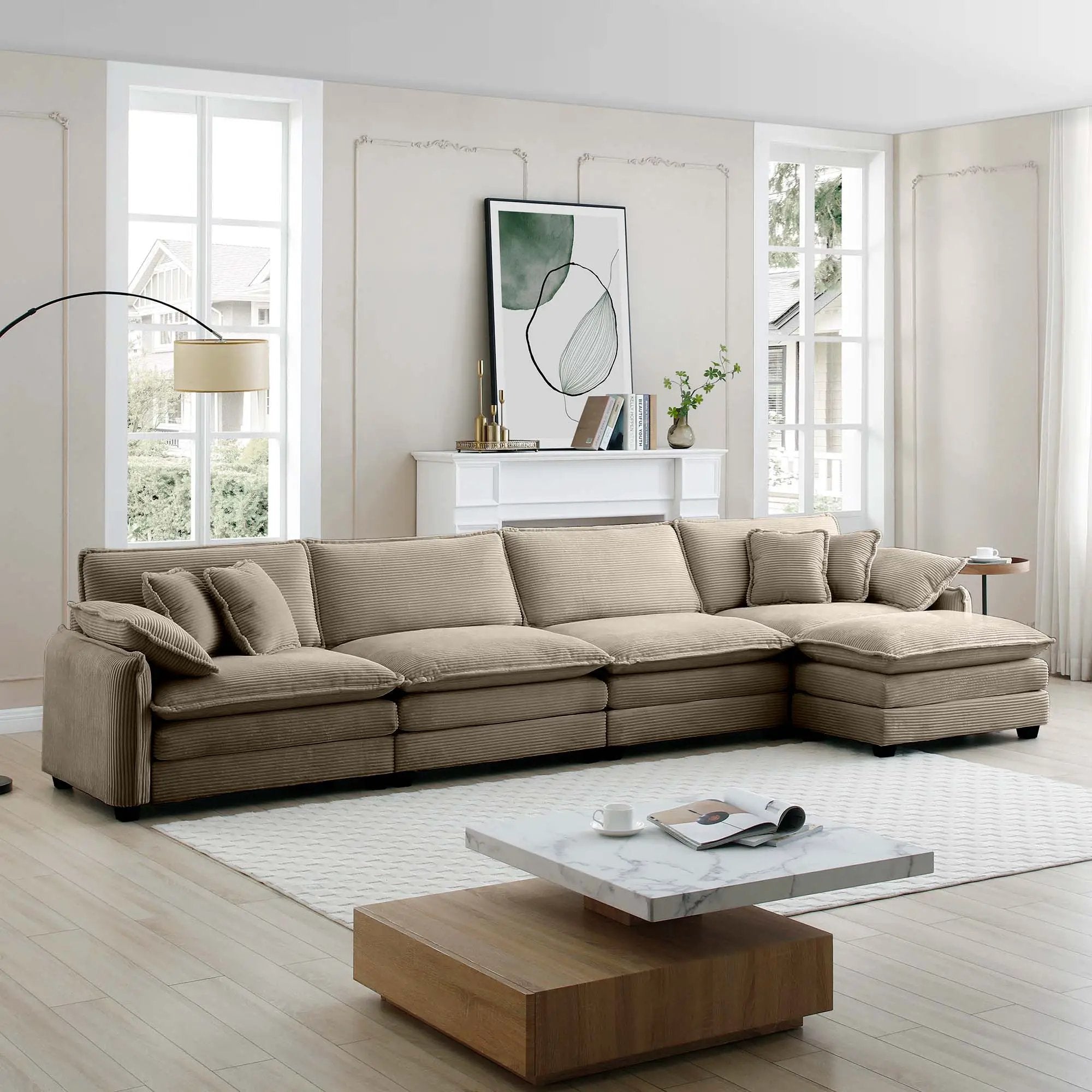 Modern Corduroy Upholstered 4-Seater Sofa with Footstool by HouseOfZazla