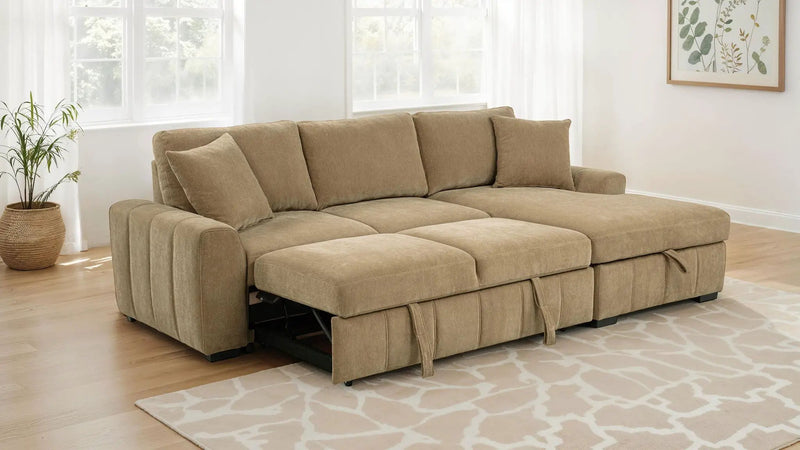 Pastrana Upholstered Sleeper Sectional Sofa RAF Chaise Camel by Unique Piece Furniture