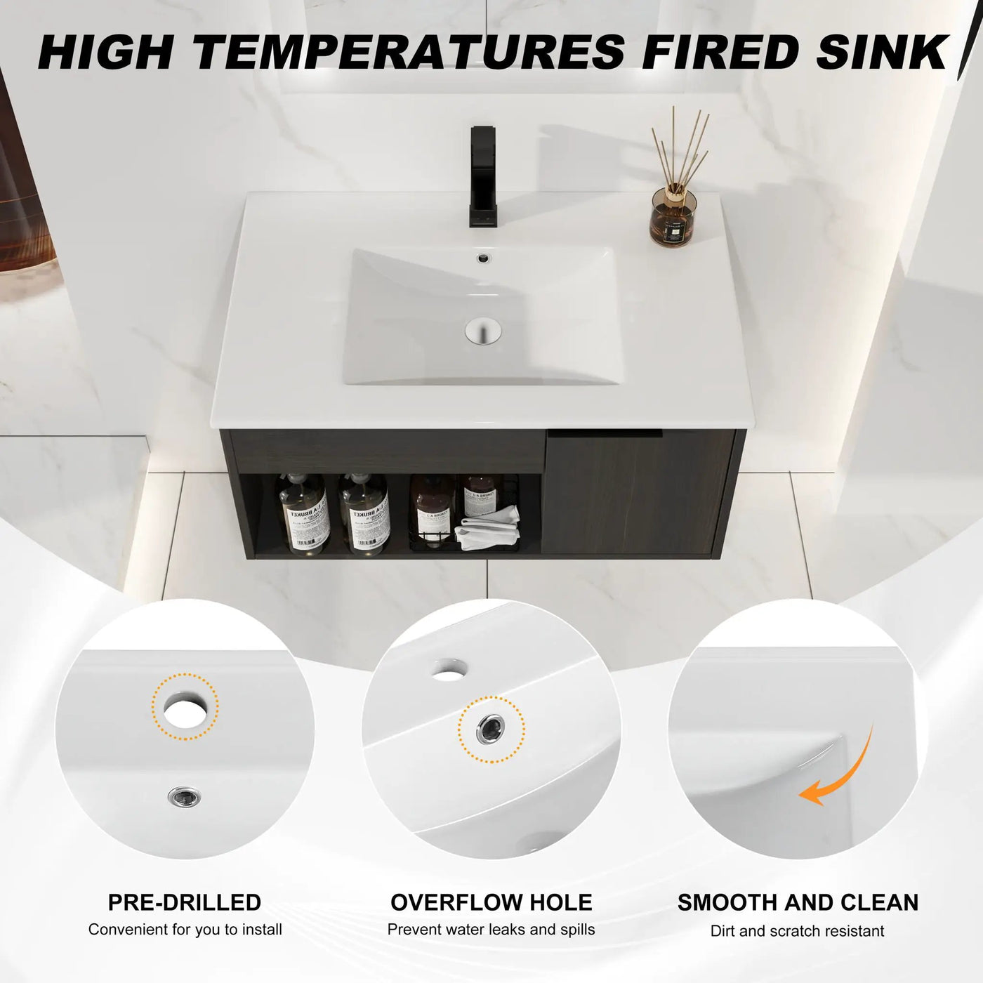 Wall Mounted Floating Bathroom Vanity With Open Shelf & Soft Close Door by HouseOfZazla
