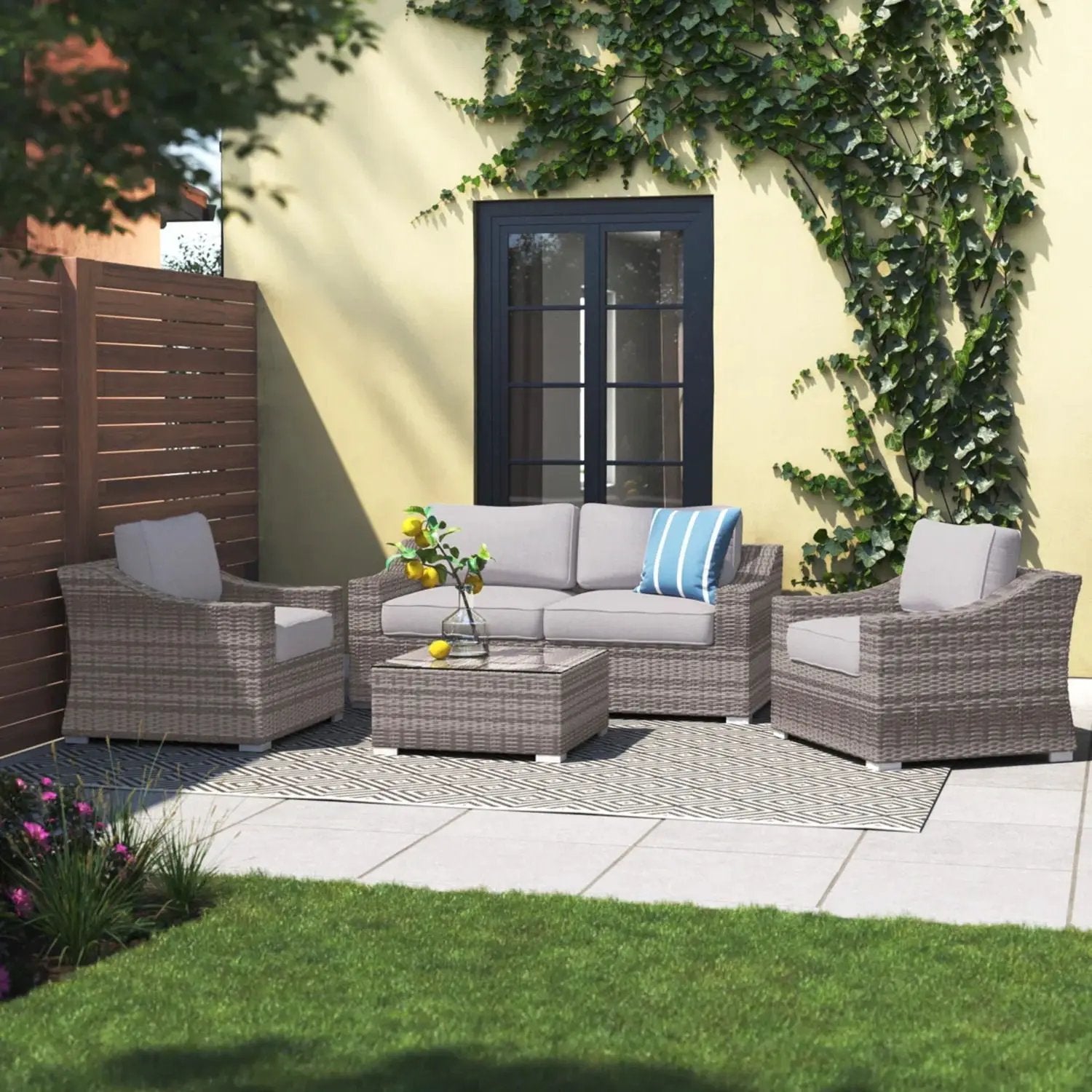 Outdoor Wicker Conversation Set With Cushions, All Weather by Unique Piece Furniture