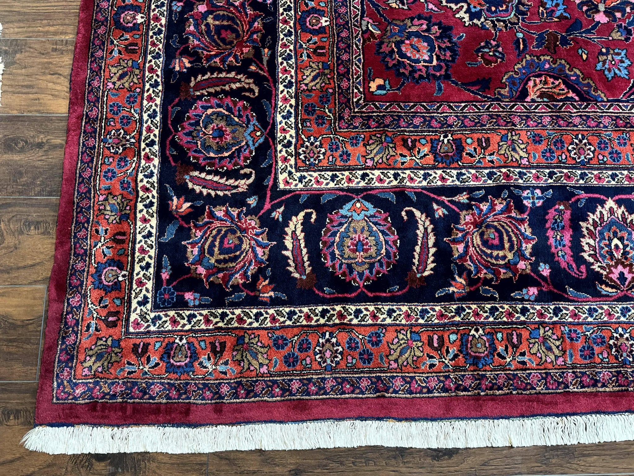 Palace Size Persian Mashad Rug 12x16, Raspberry and Navy Blue, Signature from Master Weaver, Antique Handmade Large Wool Carpet by Jewel Rugs