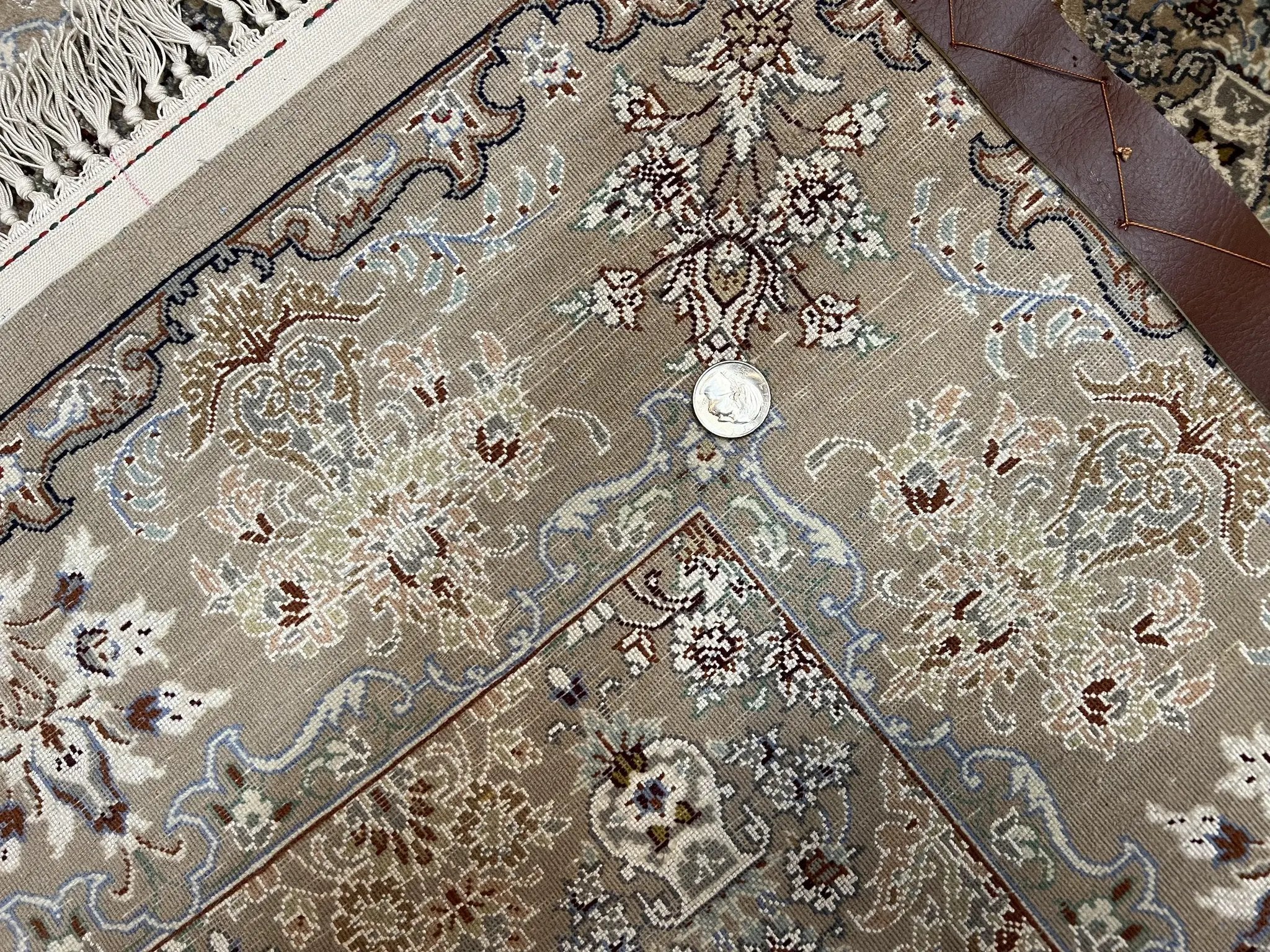 Super Fine Persian Isfahan Rug 3x5 ft, Kork Wool on Silk Foundation, Repeated Floral Motif, Taupe Tan Hand Knotted Oriental Carpet 3 x 5 ft, Signed by Jewel Rugs