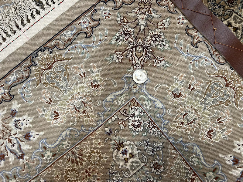 Super Fine Persian Isfahan Rug 3x5 ft, Kork Wool on Silk Foundation, Repeated Floral Motif, Taupe Tan Hand Knotted Oriental Carpet 3 x 5 ft, Signed by Jewel Rugs