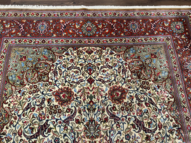 Persian Qum Rug 7x11, Beige and Red, Highly Detailed Floral Pattern, Fine 260 KPSI by Jewel Rugs