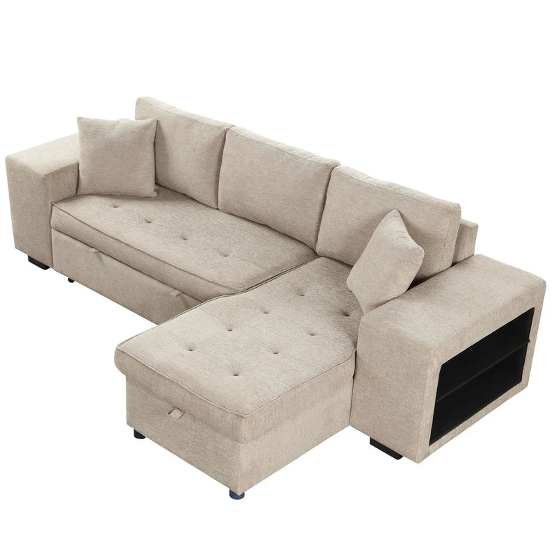 Modern L-Shape 3 Seat Reversible Sectional Couch, Pull Out Sleeper Sofa With Storage Chaise And 2 Stools For Living Room Furniture Set by HouseOfZazla