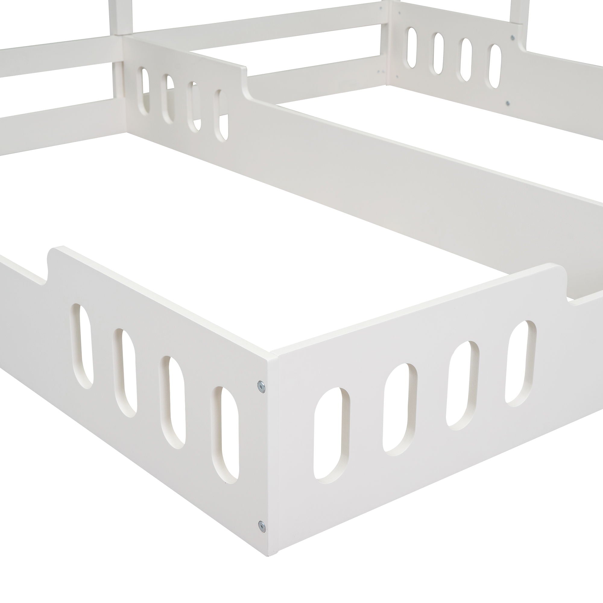 Twin Size Platform Bed With Shared Design, Guardrails, And Built In Shelves - Creamy White by HouseOfZazla