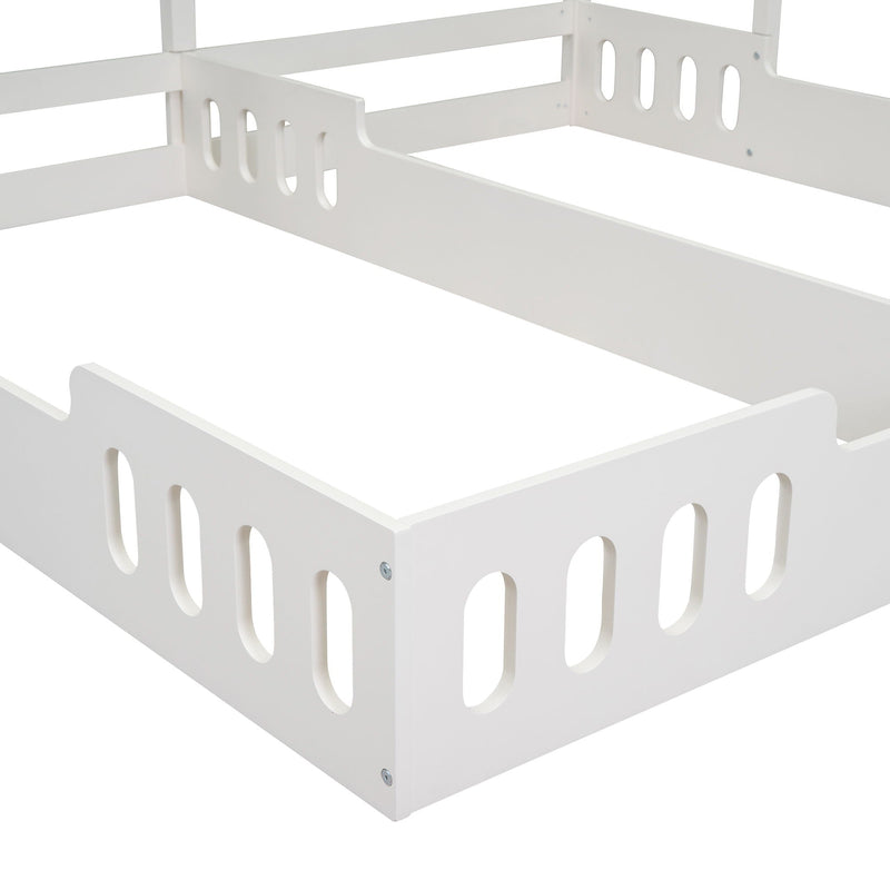 Twin Size Platform Bed With Shared Design, Guardrails, And Built In Shelves - Creamy White by HouseOfZazla
