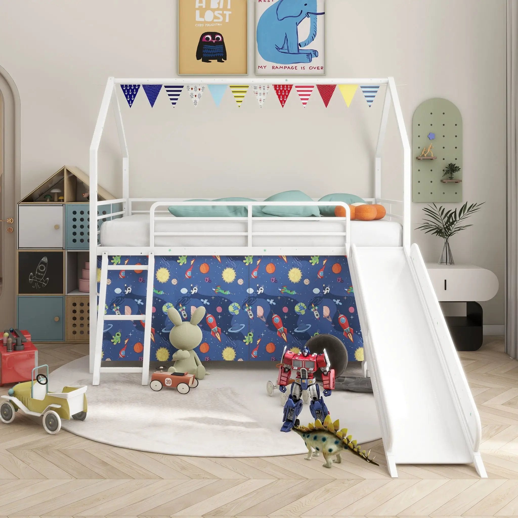 Jack - House Loft Bed With Slide And Curtain Set by HouseOfZazla